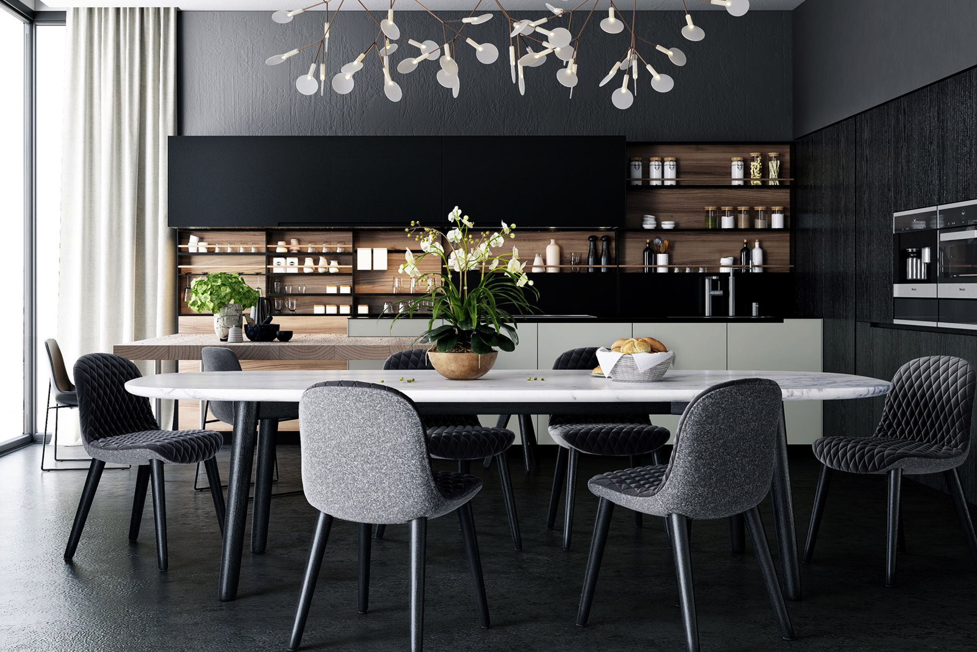Essbereich mit Küche im Hintergrund. die farben sind dunkel gehalten, so dass ein sehr edler Look entsteht. auf dem Tisch steht eine pflanze und der Essbereich lädt zum platz nehmen ein
