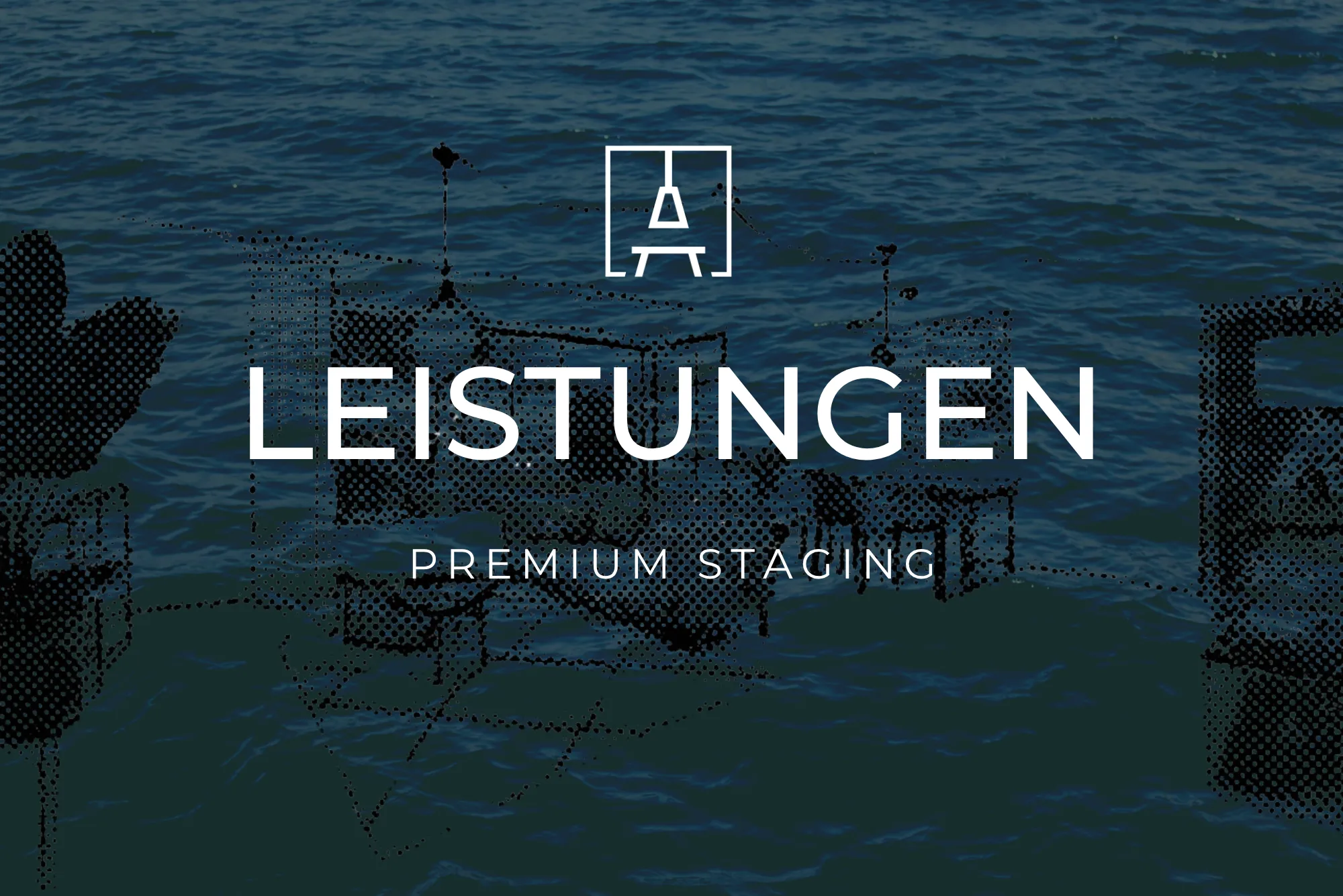 dunkelblaue Kachel mit Aufschrift Leistungen: Premium Staging